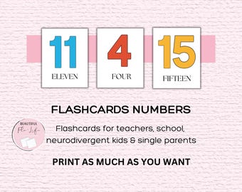 Tarjetas didácticas con los números del 0 al 20: Tarjetas educativas para el aprendizaje de matemáticas y reconocimiento de números para niños pequeños en edad preescolar. Imprimibles para aprender a contar para la escuela.