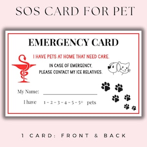 Emergency Contact Card, Pet Safety Alert, Dog & Cat Emergency Info, Printable Wallet Card for Pet Owners, Pet Home Alone Card, Pet Rescue ID