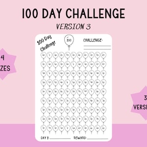May include: A black and white printable 100 day challenge chart with a balloon design. The chart is labeled "100 Day Challenge" and has numbers 1 through 100 in balloons. The chart also has a space for "Day 1" and "Reward".