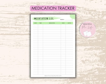 Op de afbeelding: Een wit medicatie logblad met een lichtgroene koptekst met de tekst MEDICATION LOG en kolommen voor datum, tijd, medicatie, dosering en notities. Een roze rond logo met de tekst BEAUTIFUL FLO-LIFE bevindt zich aan de rechterkant.