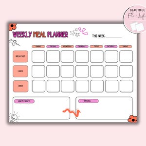 May include: A white weekly meal planner with a pink border and floral accents. The planner includes sections for breakfast, lunch, and dinner, with space to write daily meals. Text includes "Weekly Meal Planner" and "This Week:"