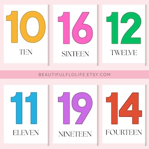 Puede incluir: Seis tarjetas blancas con números coloridos y sus palabras correspondientes debajo. Los números son de color naranja, rosa, verde, azul, morado y rojo. El nombre de la tienda Etsy BEAUTIFULFLOLIFE.ETSY.COM está impreso en el centro.