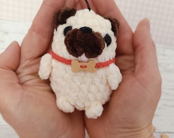 Crochet Pug Keychain, Handmade Amigurumi Pug, Kawaii Pug, Plush Pug, Cute Plush Dog Bag Charm, Gift for Dog Lovers, Easter gift, Free Ship
