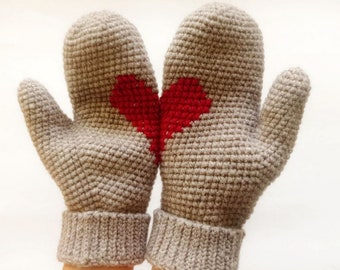 Mittens with Heart, Heart Gloves, Fingerless Gloves with Heart, Valentine's Day Gift,Birthday Gift,Gift for Her,New Year Gift,Christmas Gift