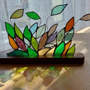 Stained Glass Leaf Panel on Wooden Stand