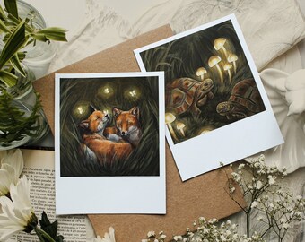 SET OF 2 - Cute Goblincore Art Print Bundle - 4x5 - Fox, Turtles and Mushrooms Art - Fairycore - Cottagecore Room Decor - Vegan Wall Art