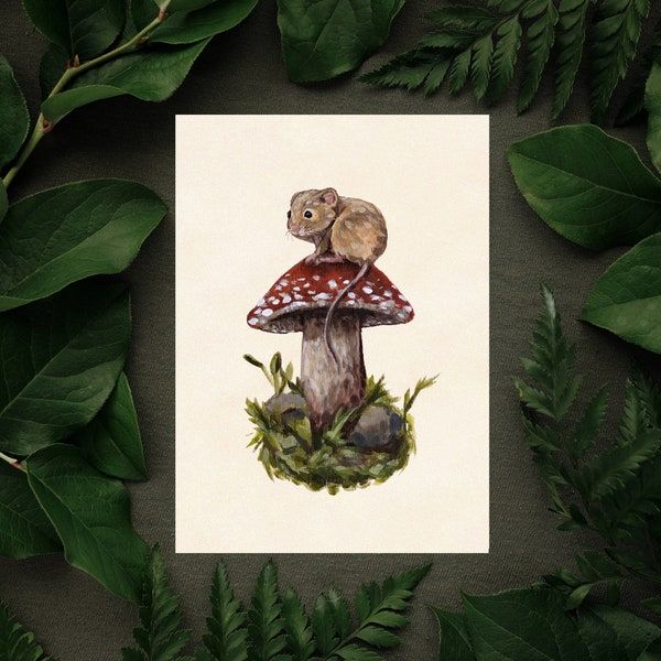 Cute Goblincore Art Print - 5x7 - Mouse and Mushrooms Art - Dorm Room Decor - Cute Print - Vegan Wall Art - Vintage Poster