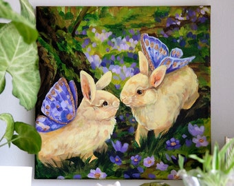 ORIGINAL ACRYLIC PAINTING - 10x10'' Square Canvas -  Cute White Bunnies Artwork - Whimsical Fairy Rabbits in Magic Forest - Nursery Wall Art