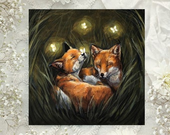 FOX ART PRINT - Square print - Baby Foxes Lying in Long Grass with Magical Butterflies Painting - Cute Whimsical, Goblincore Wall Decor