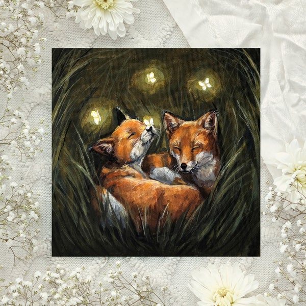 FOX ART PRINT - Square print - Baby Foxes Lying in Long Grass with Magical Butterflies Painting - Cute Whimsical, Goblincore Wall Decor
