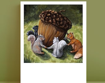 May include: A painting featuring a large brown acorn surrounded by four squirrels of varying colors, including grey, white, and reddish-brown, all positioned on a green, textured background that resembles grass or forest floor foliage.