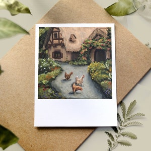 May include: A rectangular print featuring an oil painting of a rustic cottage with a thatched roof, surrounded by lush green foliage and vibrant flowers. Three chickens walk along a stone path leading to the cottage entrance, rendered in warm tones.