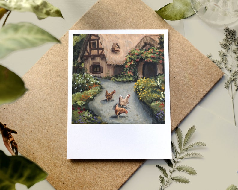 May include: A rectangular print featuring an oil painting of a rustic cottage with a thatched roof, surrounded by lush green foliage and vibrant flowers. Three chickens walk along a stone path leading to the cottage entrance, rendered in warm tones.