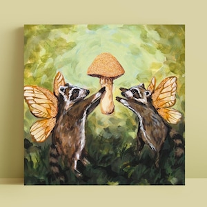 Fairy Raccoon Mushroom Art Print – Whimsical Woodland Illustration