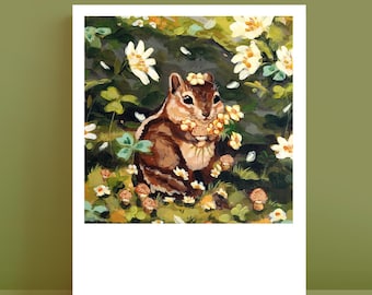 May include: A rectangular art print featuring a painting of a brown chipmunk surrounded by white flowers and small mushrooms. The chipmunk is holding a cluster of yellow flowers near its face, set against a dark green, leafy forest background.