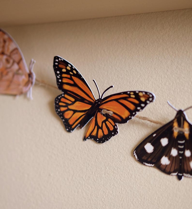May include: A decorative garland featuring multiple paper butterfly cutouts attached to a thin brown twine string. The central butterfly displays the orange and black wing pattern of a monarch, while others show brown and black moth designs.