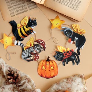 GUIRLANDE D'HALLOWEEN - guirlande en papier faite main de style vintage - art mural respectueux de l'environnement - joli imprimé fée chat - décoration effrayante de chambre de bébé - chats noirs