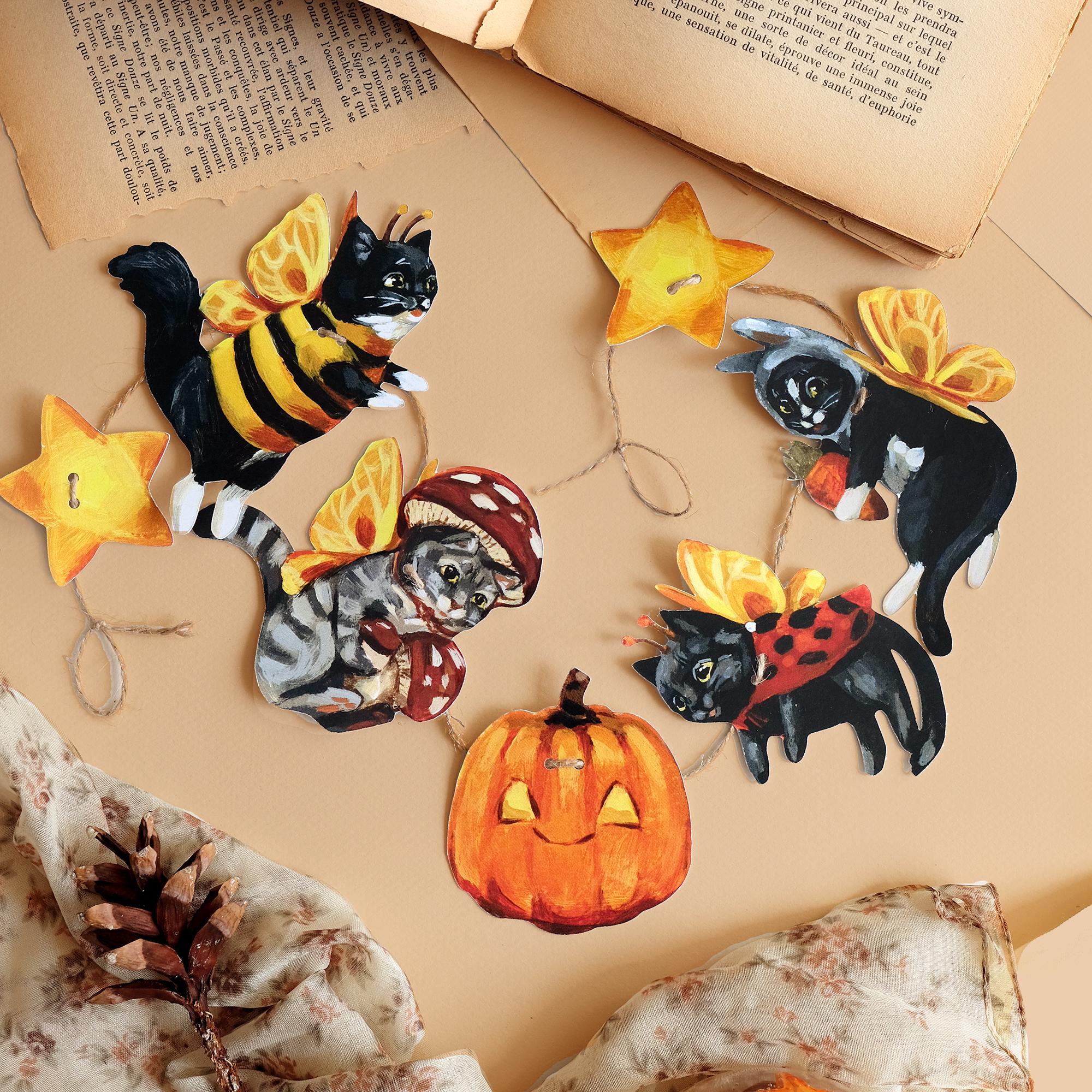 7 Figurines Halloween En Bois - Citrouilles, Chauves-souris, Fantômes, Chat Noir, Pour Déco Maison Ou Fête