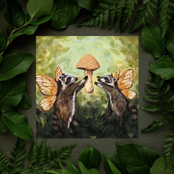 FAIRYCORE ART PRINT 8x8 Raccoon and Mushroom Art Print Fairycore