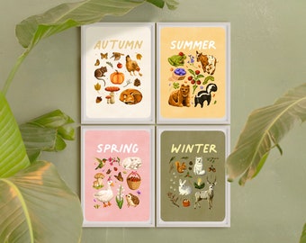 ART PRINT SET of 4 - Seasonal Art Print Bundle - 5x7 - 4 Seasons Artworks - Cottagecore Room Decor - Spring, Summer, Fall, Winter Wall Decor