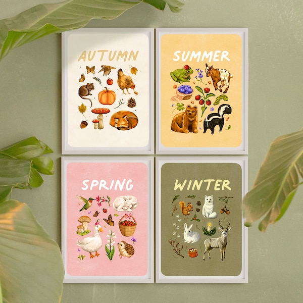 ART PRINT SET of 4 - Seasonal Art Print Bundle - 5x7 - 4 Seasons Artworks - Cottagecore Room Decor - Spring, Summer, Fall, Winter Wall Decor