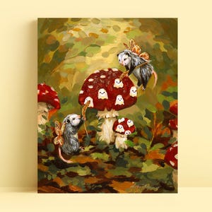 SPOOKY ART PRINT - 8x10&#39;&#39; - Cute Halloween Decor - Woodland Animals Painting - Mushroom, Possum Wall Art - Fairycore Nursery Decor