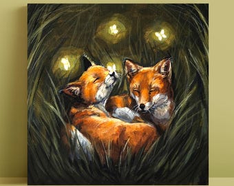 FOX ART PRINT - Square print - Baby Foxes Lying in Long Grass with Magical Butterflies Painting - Cute Whimsical, Goblincore Wall Decor