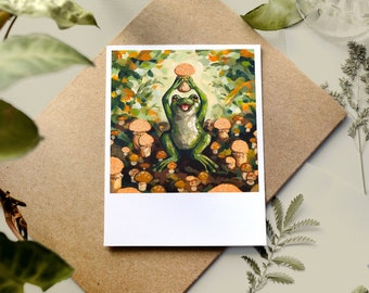 Frog Art Print - 4x5 - Polaroid Print - Green Frog with Magical Mushrooms - Fairycore - Cottagecore Room Decor - Goblincore Mini Wall Art