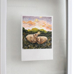 Cute Sheep at Sunset Polaroid PRINT 4x5 Sheep Painting Fairycore Farmcore Cottagecore Room Decor Nursery Art Vegan Wall Art image 3