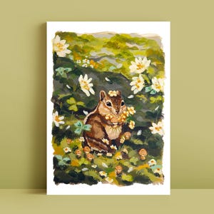 Impression d'art Tamia mignon - 5 x 7 - Art écureuil et champignons - décoration de chambre d'enfant - Tamia avec chapeau de fleurs, peinture - Art botanique