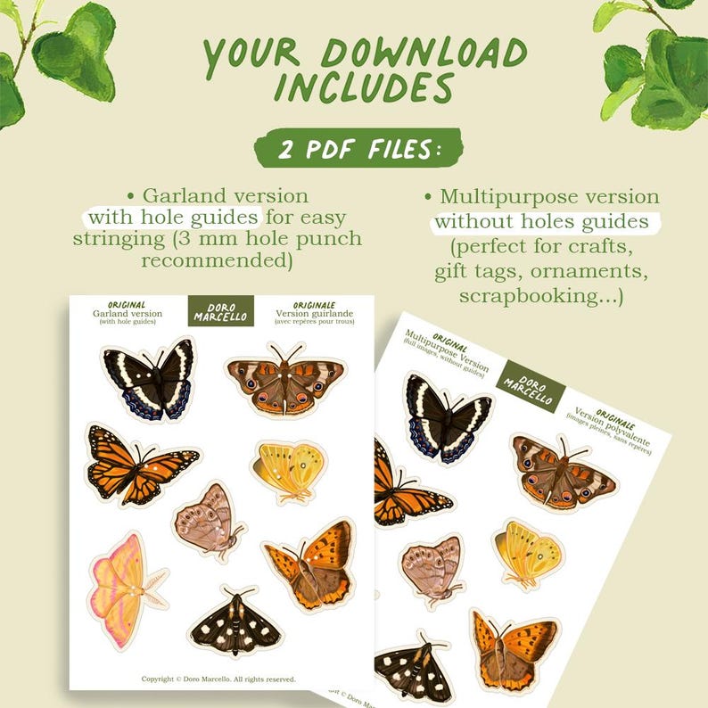 May include: A digital download containing two PDF files of butterfly illustrations. One file features a garland version with 3 mm hole guides, and the other is a multipurpose version without guides. The text reads YOUR DOWNLOAD INCLUDES.