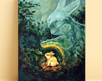 May include: A painting of a large, translucent, green rabbit with a smaller, yellow rabbit sitting in front of it. The background is a dark green forest with rain falling.