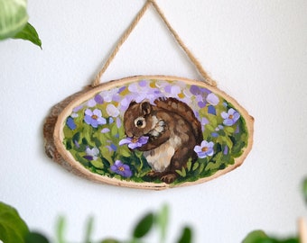 ORIGINAL ACRYLIC PAINTING - 7'' Rustic Oval Wood Slice - Brown Squirrel Painting - Cottagecore Room Decor - Cute Squirrel and Purple Flowers