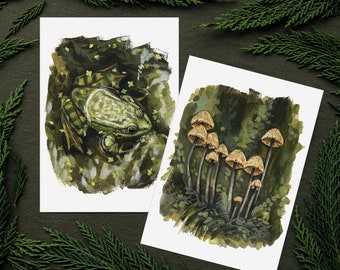 SET OF 2 - Cute Art Print Bundle - 5x7 - Mushroom and Frog Art Print Set - Cottagecore Room Decor - Goblincore - Vegan Wall Art