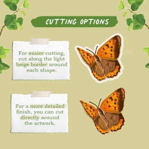 May include: A set of instructions titled CUTTING OPTIONS on a light green background with two orange and brown butterfly illustrations. The text explains how to cut along a light beige border or directly around the artwork for a detailed finish.