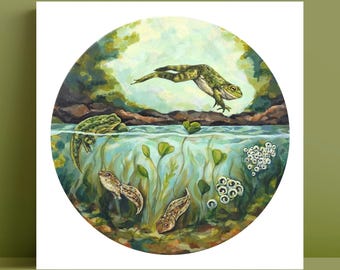 FROG ART PRINT - 8x8 - Frog Life Cycle Illustration - Frog Decor - Cottagecore Room Decor - Botanical Art - Dorm Room Wall Art