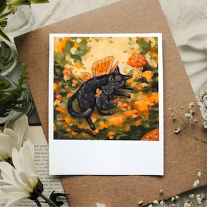 CAT ART PRINT 4x5 Polaroid Print Whimsical Black Cat Acrylic Painting Fairy Cats in Magic Fall Forest Kids and Nursery Room Decor image 1
