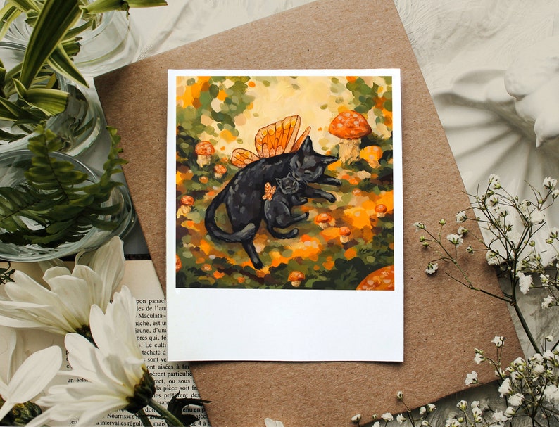 CAT ART PRINT 4x5 Polaroid Print Whimsical Black Cat Acrylic Painting Fairy Cats in Magic Fall Forest Kids and Nursery Room Decor image 1