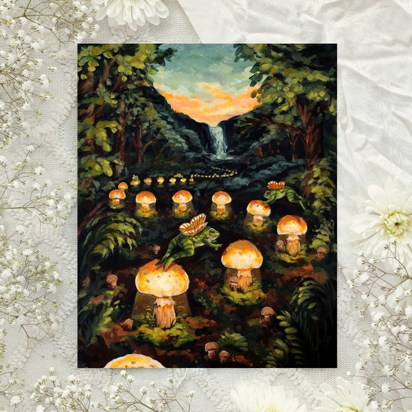 Impression d'art grenouille - 8 x 10 - grenouilles féeriques et champignons lumineux - peinture Fairycore - décoration Fairycore - Illustration de forêt lunatique