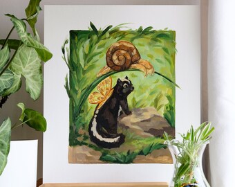 ORIGINAL ACRYLIC PAINTING - 12x14'' - Cute Fairy Skunk and Snail Painting - Whimsical Forest Artwork - Cottagecore Room Decor - Nursery Art