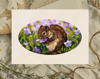 Squirrel Art Print - 5x7 - Cute Squirrel with Purple Flowers - Forest Animal Painting - Cottagecore Room Decor - Nursery Wall Decor