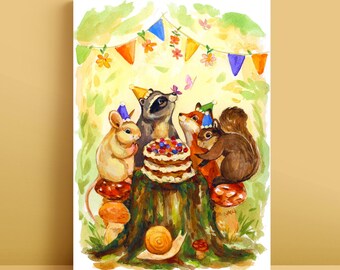 Birthday Party Art Print - 5x7 - Woodland Animals Wall Art - Forest Themed Anniversary Celebrations - Nursery Room Decor - Cute Illustration