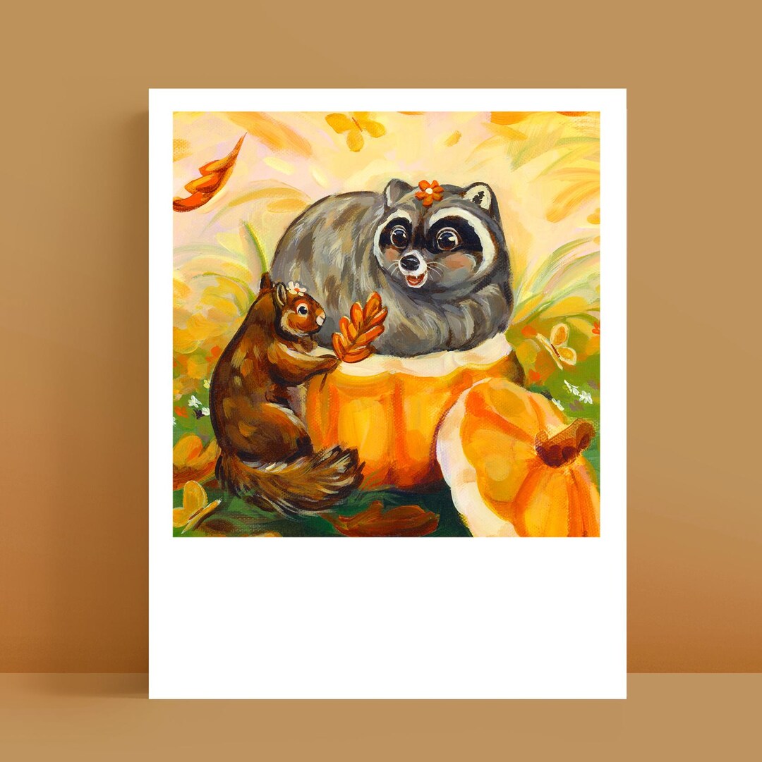 Fall Racoon Decor RACCOON ART PRINT - 4x5 - Polaroid Print - Cute Racoon, Squirrel and ...