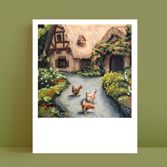 Cottagecore Chicken Art Print – Fairycore Polaroid Style (4.3x5.5 in)