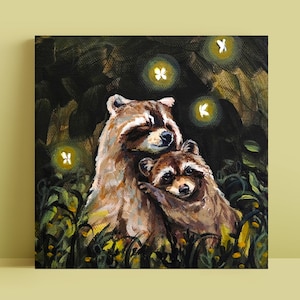 RACCOON ART PRINT - Square print - Raccoon Family at Night with Magical Butterflies Painting - Cute Whimsical, Goblincore Wall Decor