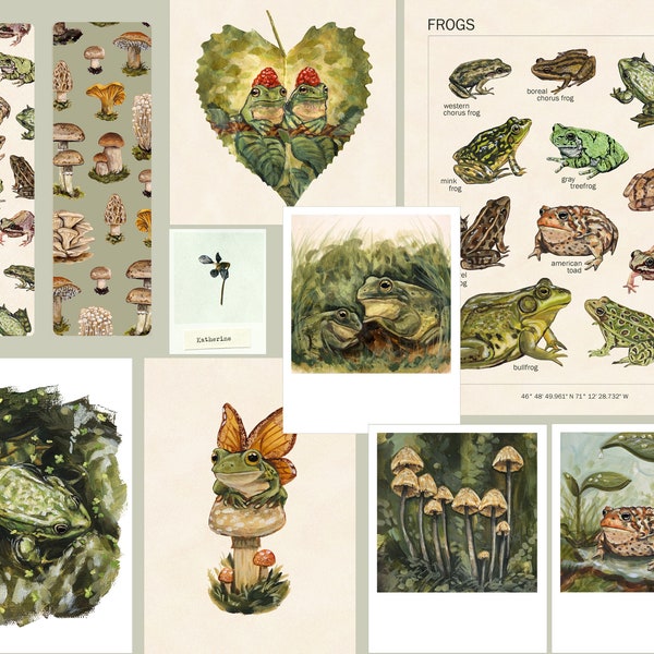 FROG ART SET - Cute Frog and Mushroom Art Bundle - Frog Birthday Gift - Botanical Art - Cottagecore Room Decor - Collage Wall Decor