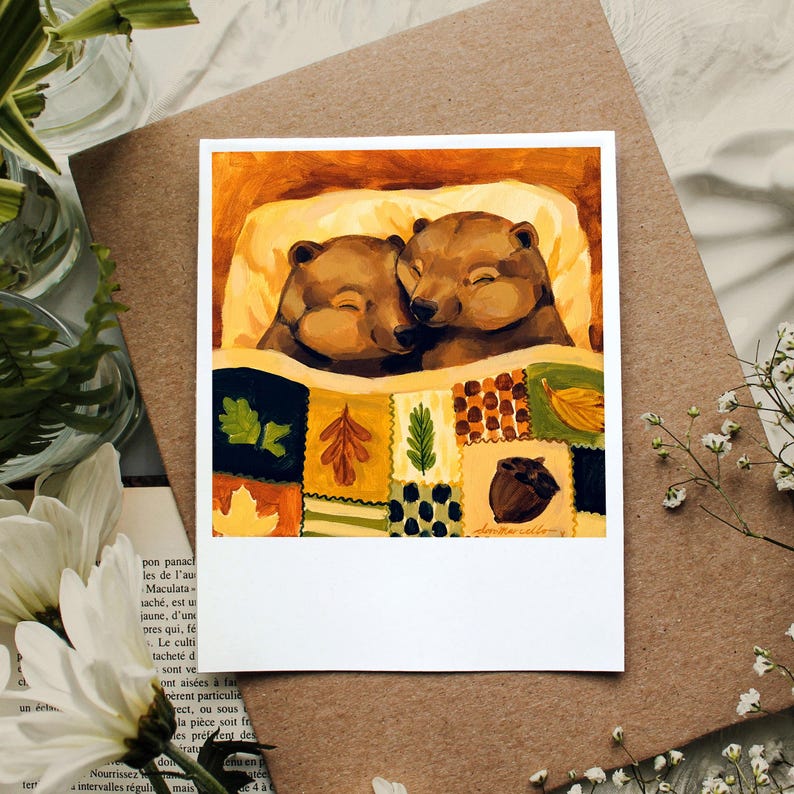Bear Polaroid Print 4x5 Cute Autumnal Mini Art Print Woodland Animals