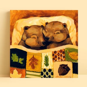 Impression d'art ours endormi - couverture en patchwork d'automne, décoration de chambre d'enfant