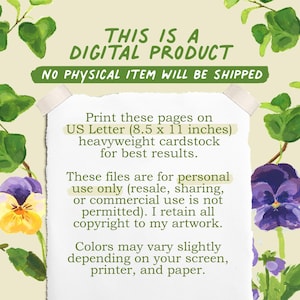 May include: A digital product information sheet featuring text that reads: THIS IS A DIGITAL PRODUCT, NO PHYSICAL ITEM WILL BE SHIPPED, Print these pages on US Letter (8.5 x 11 inches) heavyweight cardstock, and personal use only terms.