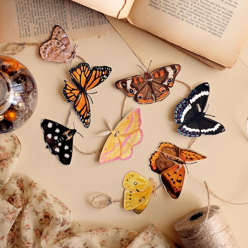 Guirlande papillon - guirlande en papier faite main de style vintage - art mural botanique respectueux de l'environnement - décoration de chambre cottagecore - pépinière sur le thème de la forêt